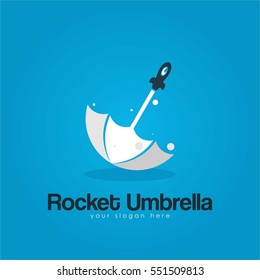 Creative and unique flat Rocket Umbrella logo with blue background for company and business
