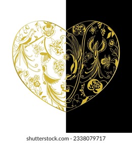 Creative unique golden heart with native art pattern. Unusual gold logo or icon. Heart shape with ethnic ornament. Isolated design with vector mask. Vintage template. Decorative symbol. Branding idea.