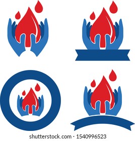 Creative and unique logo designs of blood drop and the hands in four different style in blue colors. This design can be useful for blood bank, blood donation camps, blood test and more.