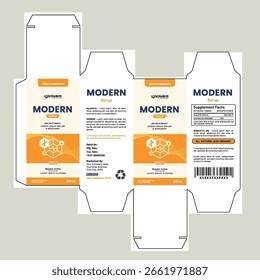 Diseño de caja de jarabe moderno creativo y único con tema naranja audaz, empaque de etiqueta de producto de suplemento.
