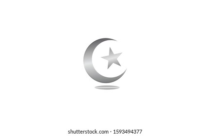 creative unique Silver shiny half moon icon with shadow isolated on white background. Crescent with star Islamic for Ramadan Kareem design element. Vector template illustration eps 10.