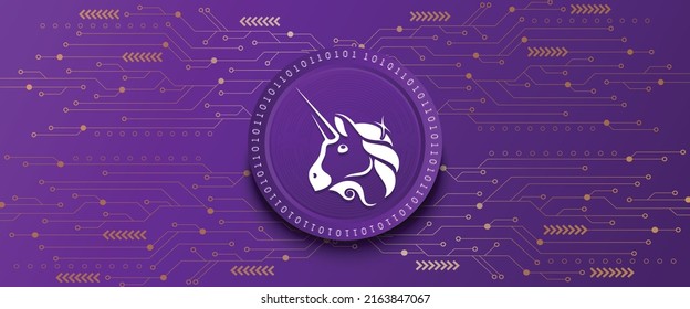Creative Uniswap UNI tecnología de cadena de bloques basada en criptomoneda banner de moneda e ilustración vectorial de fondo