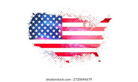 Logotipo do mapa da Creative United States em estilo grunge retrô. Conceito de design de camisa. Mercadoria patriótica para eventos de férias