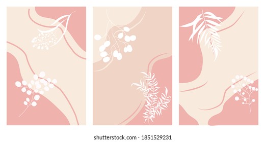 Creative universal aesthetic floral cards, hand drawn abstract shapes texture. Modern trendy graphic design template for poster, card, banner, cover, placard, flyer, brochure. Scandinavian style