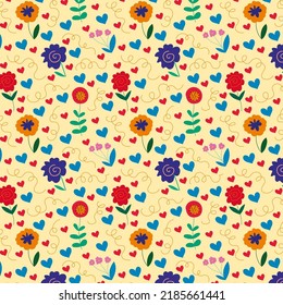Fondo de arte universal creativo al estilo doodle. Patrón colorido de flores y corazones. Ilustración vectorial. Diseño gráfico de moda para banner, afiche, tarjeta, portada, invitación, cartel, folleto.