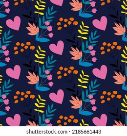 Creative universal art background in doodle style. Colorful pattern of flowers and hearts. Vector illustration. Trendy graphic design for banner, poster, card, cover, invitation, placard, brochure.