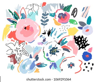 Creative universal artistic floral background. Hand Drawn textures. Trendy Graphic Design for banner, poster, card, cover, invitation, placard, brochure or header.