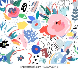 Creative universal artistic floral background. Hand Drawn textures. Trendy Graphic Design for banner, poster, card, cover, invitation, placard, brochure or header. Vector