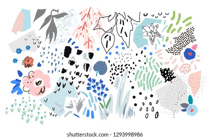 Creative universal artistic floral background. Hand Drawn textures. Trendy Graphic Design for banner, poster, card, cover, invitation, placard, brochure or header.