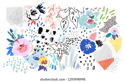 Creative universal artistic floral background. Hand Drawn textures. Trendy Graphic Design for banner, poster, card, cover, invitation, placard, brochure or header.