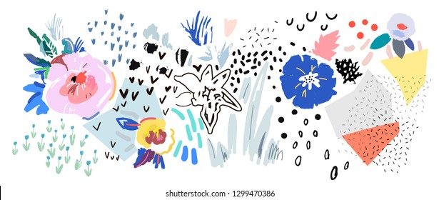 Creative universal artistic floral background. Hand Drawn textures. Trendy Graphic Design for banner, poster, card, cover, invitation, placard, brochure or header.