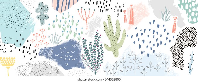 Creative universal artistic floral background. Hand Drawn textures. Trendy Graphic Design for banner, poster, card, cover, invitation, placard, brochure or header.