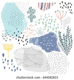 Creative universal artistic floral background. Hand Drawn textures. Trendy Graphic Design for banner, poster, card, cover, invitation, placard, brochure or header.
