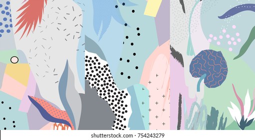 Creative universal artistic floral background. Hand Drawn textures. Trendy Graphic Design for banner, poster, card, cover, invitation, placard, brochure or header.