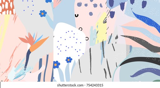 Creative universal artistic floral background. Hand Drawn textures. Trendy Graphic Design for banner, poster, card, cover, invitation, placard, brochure or header.