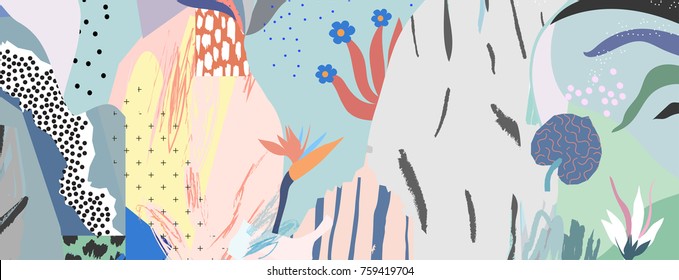 Creative universal artistic floral background. Hand Drawn textures. Trendy Graphic Design for banner, poster, card, cover, invitation, placard, brochure or header.