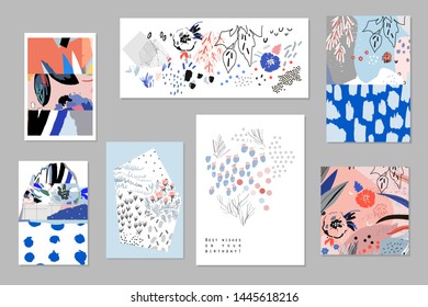 Creative universal artistic floral cards. Trendy Graphic Design for banner, poster, cover, invitation, placard, brochure, header. Art collage