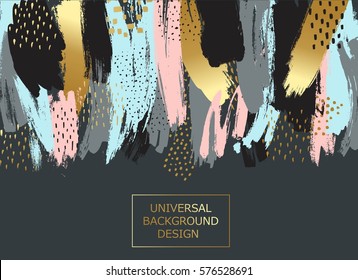 Creative universal card, background with hand drawn textures. Use it for banner, poster, invitation, placard, brochure, flyer. Vector art frame for text with gold and black. 