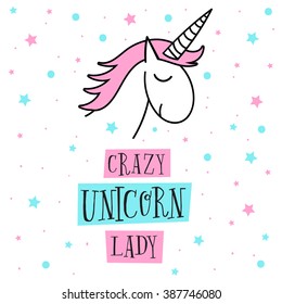 Creative universal card. Simple delicate vector illustration. Wedding, anniversary, birthday, Valentine's day, party. Design template. Crazy Unicorn Lady