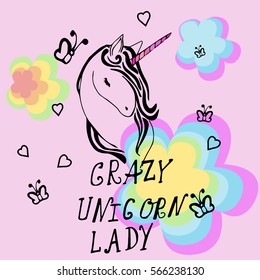 Creative universal card. Simple delicate vector illustration. Wedding, anniversary, birthday, Valentine's day, party. Design template. Crazy Unicorn Lady