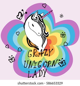Creative universal card. Simple delicate vector illustration. Wedding, anniversary, birthday, Valentine's day, party. Design template. Crazy Unicorn Lady with colored clouds