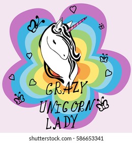 Creative universal card. Simple delicate vector illustration. Wedding, anniversary, birthday, Valentine's day, party. Design template. Crazy Unicorn Lady