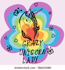 Creative universal card. Simple delicate vector illustration. Wedding, anniversary, birthday, Valentine's day, party. Design template. Crazy Unicorn Lady