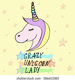 Creative universal card. Simple delicate vector illustration. Wedding, anniversary, birthday, Valentine's day, party. Design template. Crazy Unicorn Lady