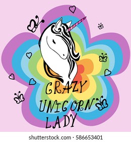 Creative universal card. Simple delicate vector illustration. Wedding, anniversary, birthday, Valentine's day, party. Design template. Crazy Unicorn Lady with colored clouds