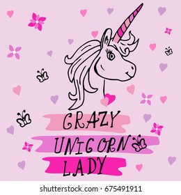 Creative universal card. Simple delicate vector illustration. Wedding, anniversary, birthday, Valentine's day, party. Design template. Crazy Unicorn Lady