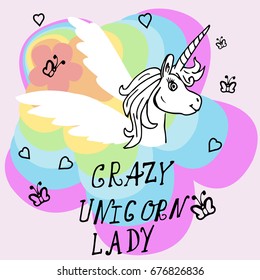 Creative universal card. Simple delicate vector illustration. Wedding, anniversary, birthday, Valentine's day, party. Design template. crazy Unicorn Lady