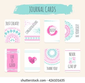 Creative universal cards with hand drawn design elements. Collection of templates with textures, brush strokes, geometric signs and tribal symbols