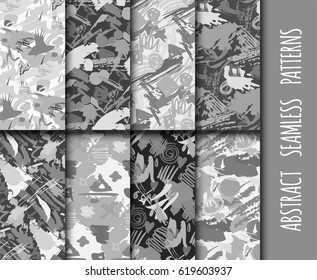 Creative universal different hand drawn seamless patterns endless texture abstract fills surface and colorful geometric military background vector illustration.