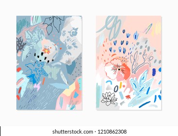 Creative universal floral artistic cards. Trendy Graphic Design for banner, poster, cover, invitation, placard, brochure. Abstract art