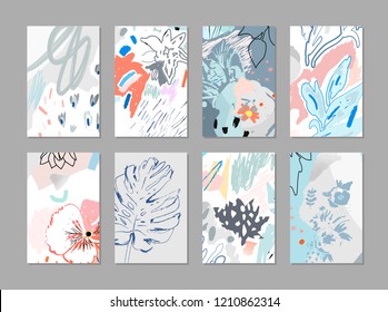 Creative universal floral artistic cards. Trendy Graphic Design for banner, poster, cover, invitation, placard, brochure. Abstract art