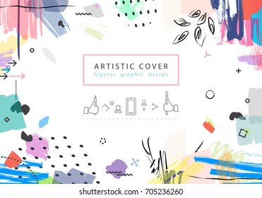 Creative universal floral artistic cover in trendy style with Hand Drawn textures. Collage. 
Hipster graphic design for Greeting Cards, Wedding, Anniversary, Birthday, Valentin's day, Posters. Vector