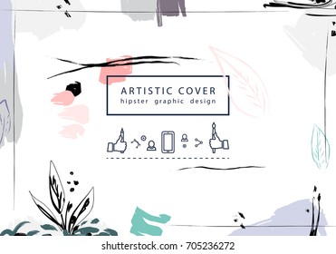 Creative universal floral artistic cover in trendy style with Hand Drawn textures. Collage. 
Hipster graphic design for Greeting Cards, Wedding, Anniversary, Birthday, Valentin's day, Posters. Vector