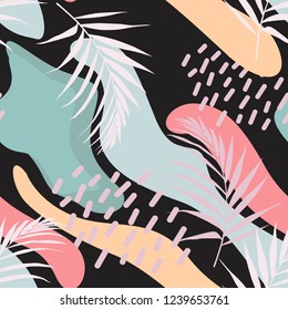 Creative universal floral background in tropical style. Hand Drawn textures. Tropic leaves in bright colors. Black background. 