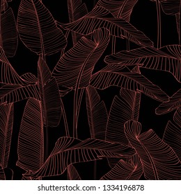 Creative universal floral background with tropical bananas leaves. Hand Drawn textures. Tropic orange line leaves on black background. 