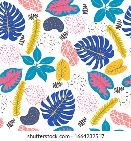 Creative universal floral background with Tropical leaves, abstract shapes. Seamless pattern in Trendy Graphic style.