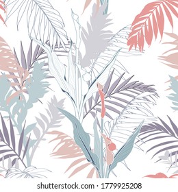 Creative universal floral background in tropical style. Hand Drawn textures. Tropical line leaves and flowers in pastel colors on white background. 