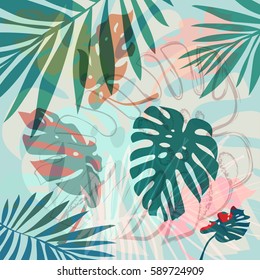 Creative universal floral background in tropical style. Hand Drawn textures. Tropic leaves in bright colors. Vector. Isolated.