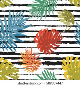 Creative universal floral background in tropical style. Hand Drawn textures. Tropic leaves in bright colors. Vector. Isolated.