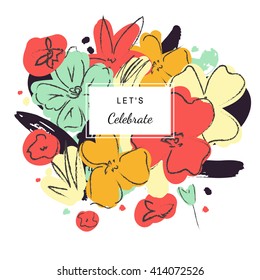 Creative universal floral card. Hand drawn abstract flowers for wedding, anniversary, birthday, party invitations, art poster. Vector. Isolated.