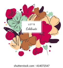 Creative universal floral card. Hand drawn abstract flowers for wedding, anniversary, birthday, party invitations, art poster. Vector. Isolated.