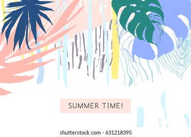 Creative universal floral card with tropical palm leaves . Hand Drawn style textures. Wedding, anniversary, birthday, Valentine's day, party invitations. Vector. Isolated.