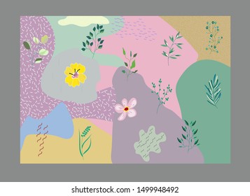 Creative universal floral header. Modern graphic design. Hand Drawn textures. Ideal for web, card, poster, cover, invitation, brochure. Vector.