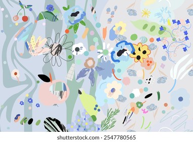 Cabeçalho floral universal criativo ю design gráfico moderno. Texturas desenhadas à mão. Ideal para web, cartão, cartaz, capa, convite, brochura. Vetor