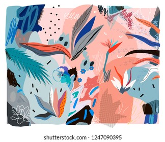 Creative universal floral header in tropical style. Modern graphic design. Hand Drawn textures. Ideal for web, card, poster, cover, invitation, brochure. Vector Creative universal floral header in tropical style. Modern graphic design. Hand Drawn textures. Ideal for web, card, poster, cover, invitation, brochure. Vector