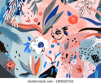 Creative universal floral header in tropical style. Modern graphic design. Hand Drawn textures. Ideal for web, card, poster, cover, invitation, brochure. Vector